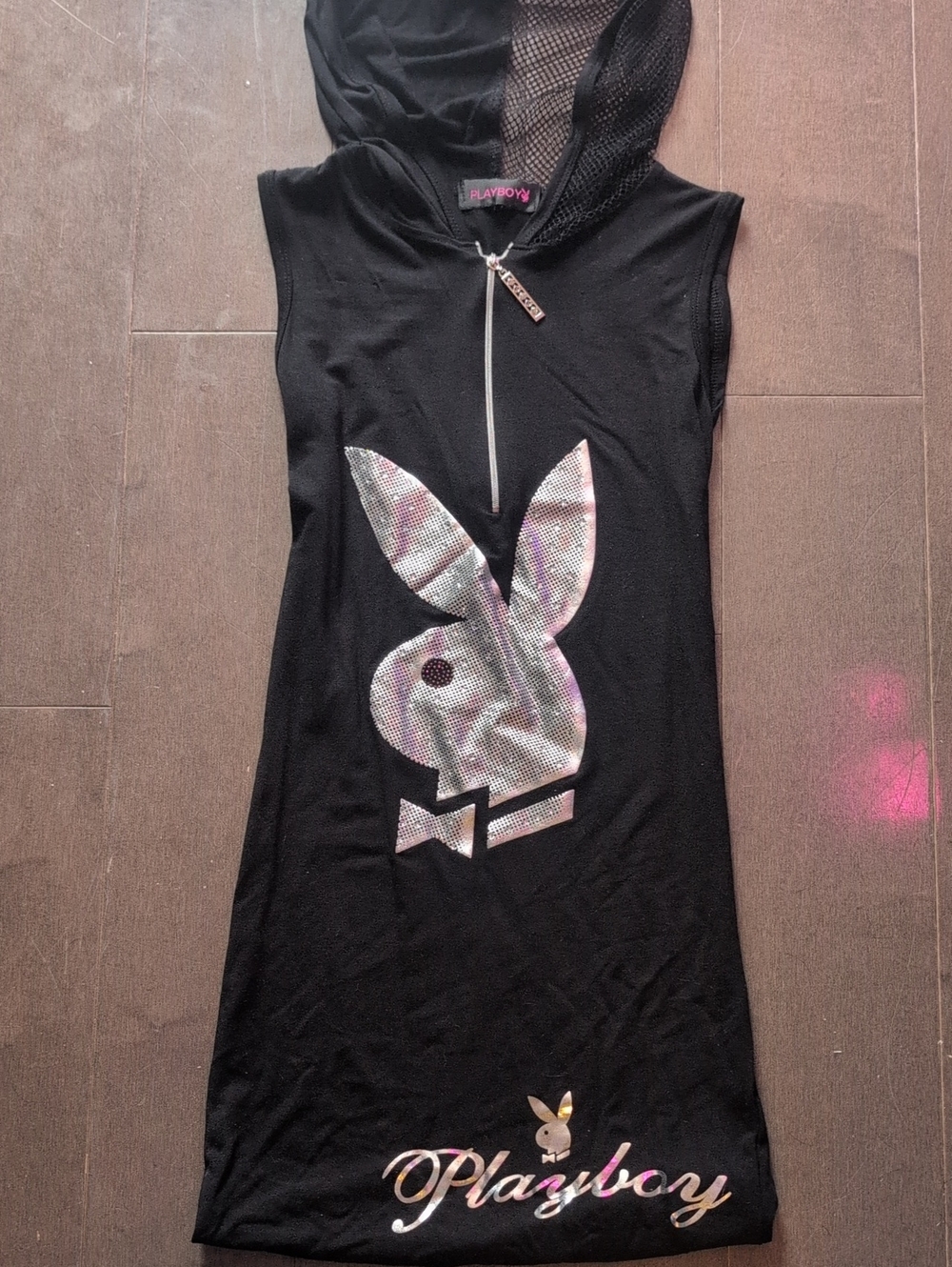 PLAYBOY Black Sleeveless Hooded Tank Dress with Iridescent Bunny